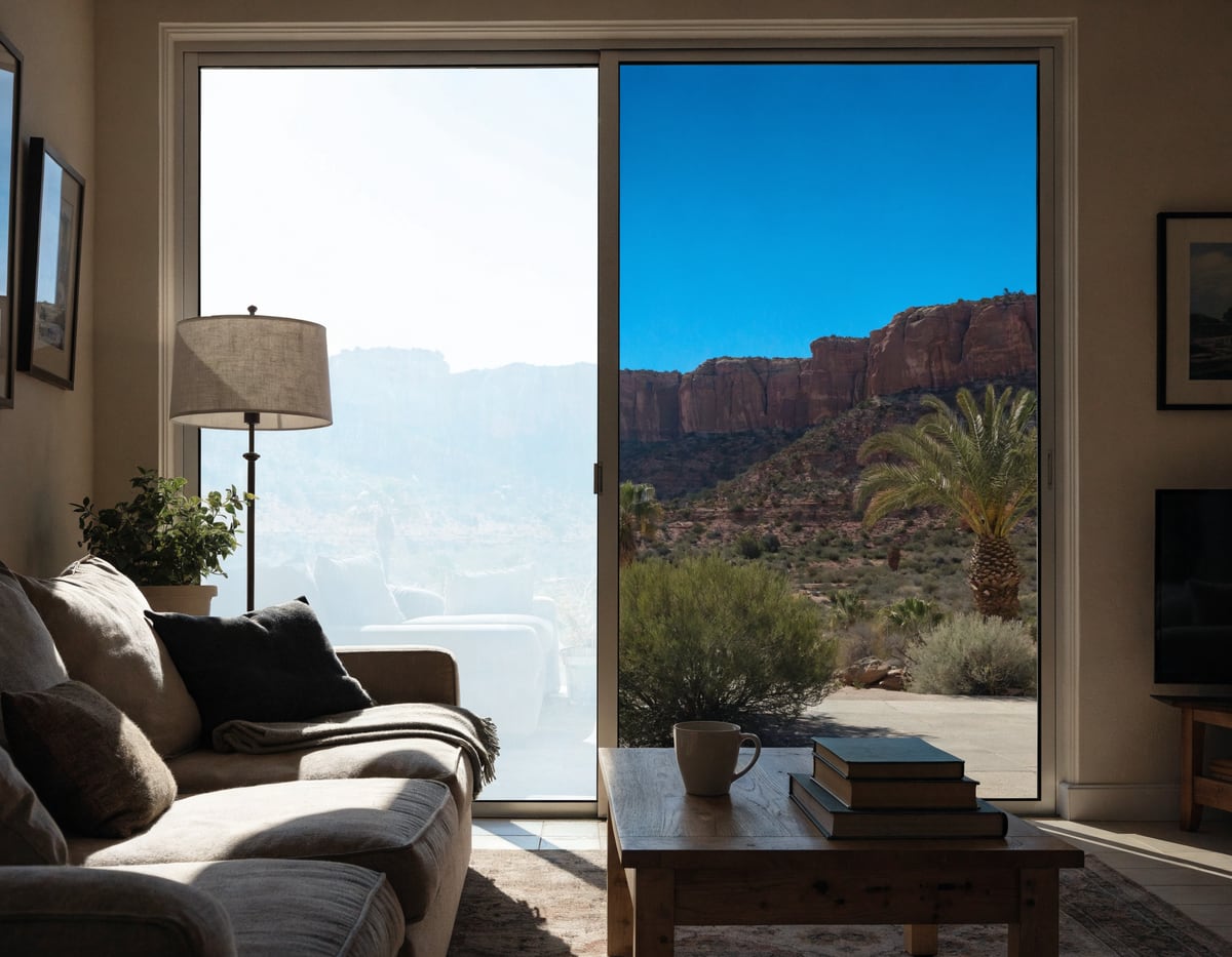 Living room slider: untinted half washed out by glare, tinted half shows the red-rock view clearly