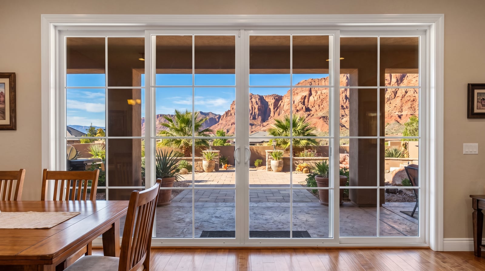 After: the same sliding glass door professionally cleaned, glass crystal clear