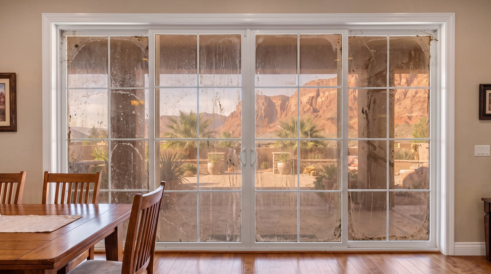 Before: sliding glass door covered in hard-water spots and red-rock dust