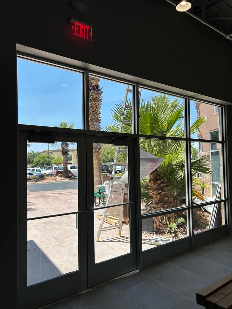Tinted commercial storefront glass with palms and desert view beyond